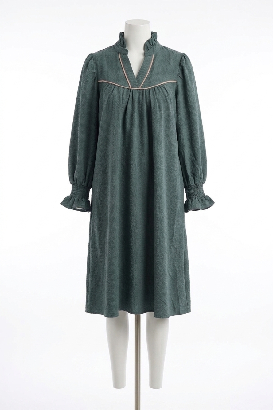 NEW UMGEE women's puff sleeve ruffled v neck dress in stone blue